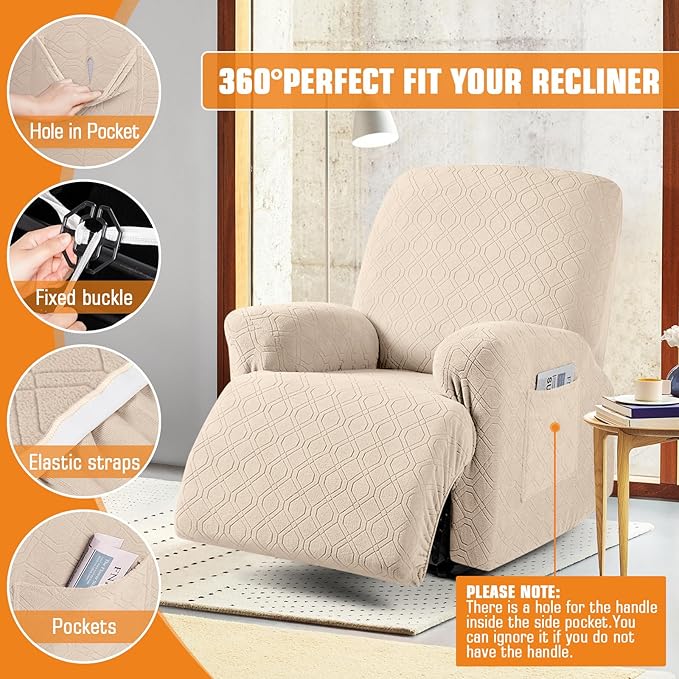 VANSOFY Recliner Chair Cover, 3-Pieces Stretch Recliner Covers for Recliner Chair Soft Reclining Chair Slipcover Furniture Protector for Dogs Cats(Cream)