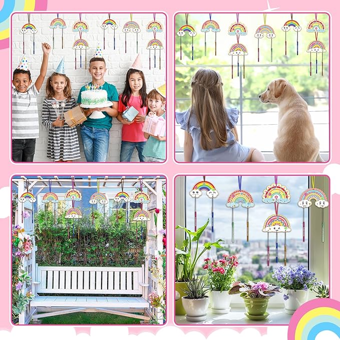 Fennoral 10 Rainbow Wind Chime Craft Kits for Kids Make Your Own Wind Chime Ornament DIY Coloring Wooden Art and Craft for Classroom Art Projects Spring Christmas Birthday Decorations