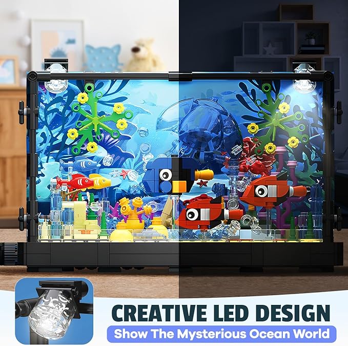 SANCO Fish Tank Building Set with LED Lights for Audlts and Kids - Aquarium Building Block Toys Creative Sea Animal Model 725PCS for Boys and Grils Age 8-12-14