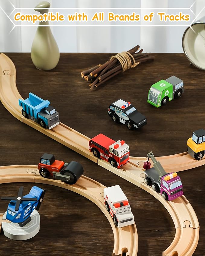 SainSmart Jr. Wooden Train Set Accessories Toy Cars (10 PCS), Compatible with All Major Brands, Gift for Toddlers and Kids Aged 3+