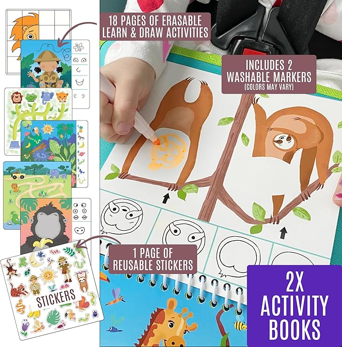 Kids Small Size Travel Educational Activity Books with Washable Markers (7"x7") - Car and Airplane Activities - Search and Find, Reusable Stickers for Ages 4, 5, 6 (Jungle & Princess)