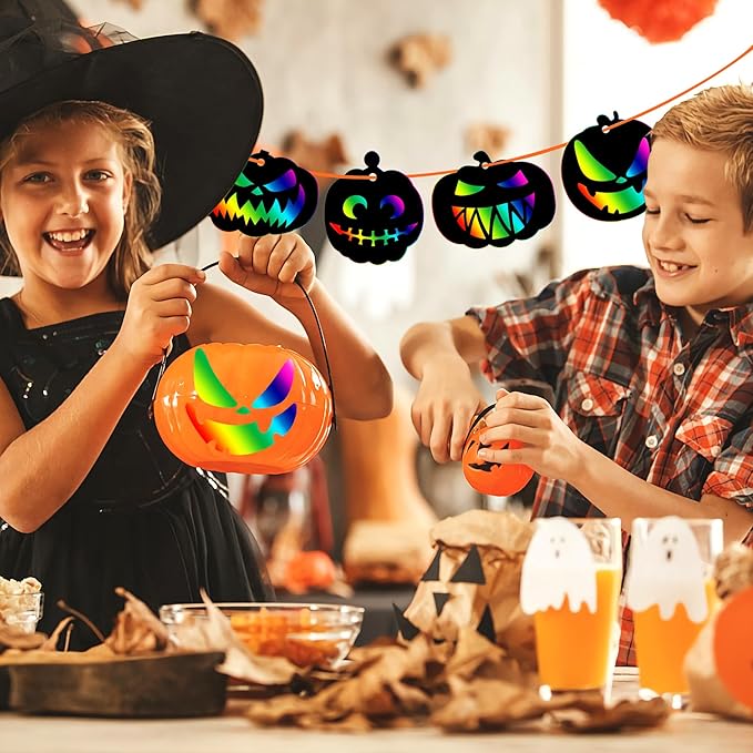 JULMELON 48 Pieces Halloween Scratch Paper Crafts Kit Bulk of Halloween Pumpkins Magic Rainbow Scratch Art for Kids DIY Party Ornaments Halloween Decor with 6 Pcs Halloween Pumpkins Stencils