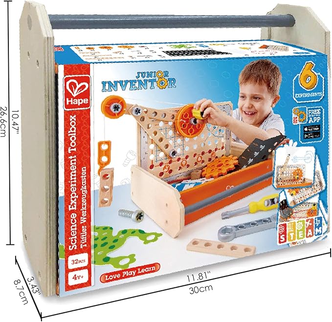 Hape Science Experiment Toolbox | Colorful Wooden 32 Experiment Kit, Fun Educational Science Kids Toy Set & Know-How Instruction App