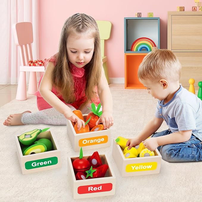 Wooden Play Food Toy Set for Kids Kitchen - 30 Pcs Montessori Cutting & Color Sorting Fake Fruit Accessories with 4 Boxes, Pretend Play Toys for Toddlers 3, Birthday Gifts for Boys Girls