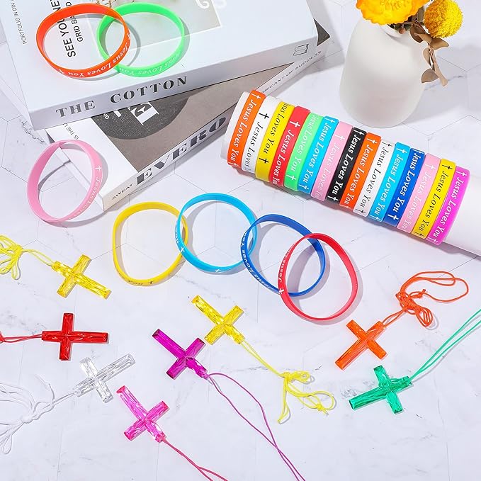 PerKoop 80 Pcs Christian Gifts Include Jesus Loves You Silicone Bracelets and Plastic Cross Necklace for Christian Party Favors
