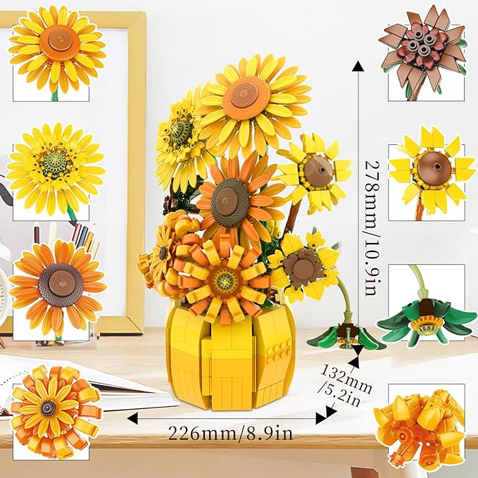 Flowers Building Sets for Adults, Van Gogh Prints Art Botanical Collection for Woman Girls 14+, Sunflowers Pot Bouquet Plants Kits Compatible with Lego Flowers, Home Decor/Christmas/Valentine, 11002