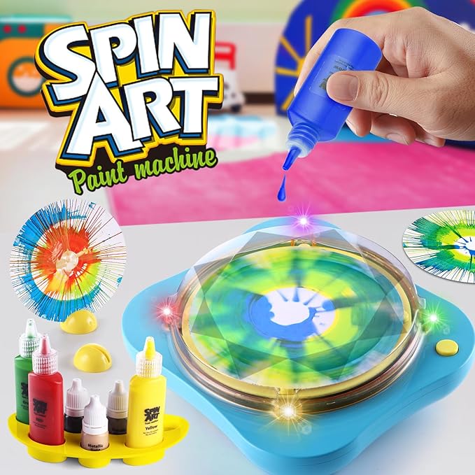 Paint Spin Art Machine Kit for Kids Stress Reducing Toys for Blue Arts and Crafts Set Gifts with Light & Music for Boys & Girls Ages 4 5 6 8 9 10 12 Flexible Splatter Guard,Easy to Wash