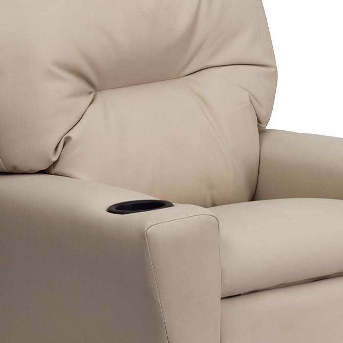 Flash Furniture Chandler Vinyl Kids Recliner with Cup Holder and Safety Recline, Contemporary Reclining Chair for Kids, Supports up to 90 lbs., Beige