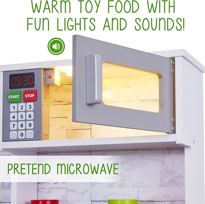 Lil' Jumbl Kids Kitchen Set, Pretend Wooden Play Kitchen, Battery Operated Icemaker, Burners, Faucet & Microwave Makes Realistic Sound & Light, Pots & Pan Included - White