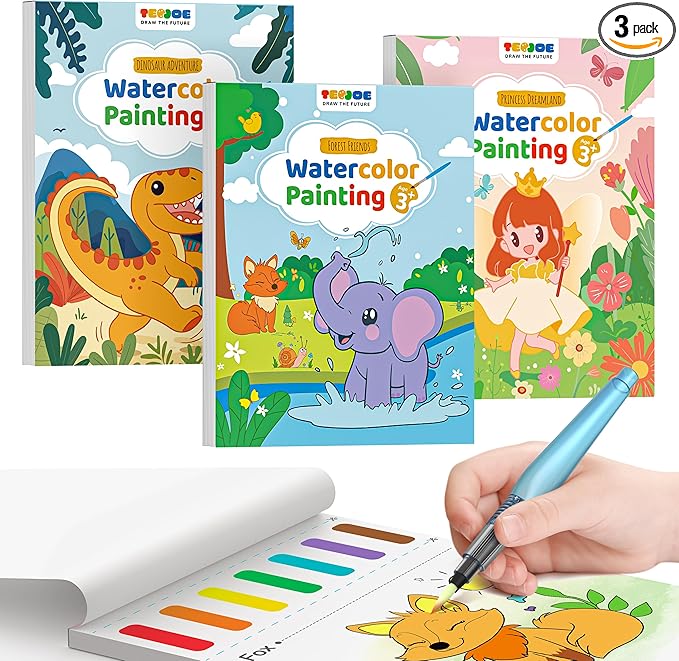 TECJOE 3 Pack Paint With Water Coloring Books for Toddlers, Watercolor Paint Set with 6 Brushes, Painting Activity for Kids Ages 4-8, Christmas Gift arts & Crafts Toy, Princess, Dinosaur & Forest