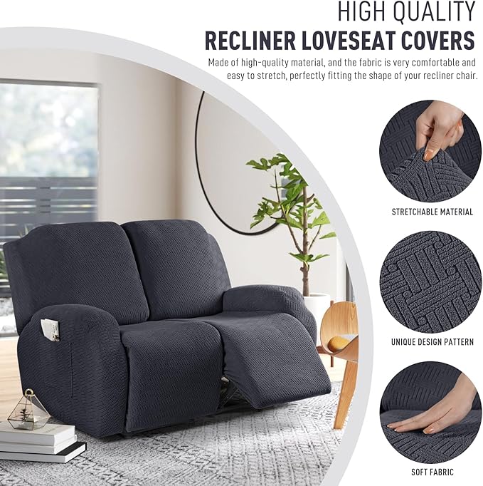 KinCam Recliner Covers, Stretch Reclining Chair Covers, Recliner Sofa Slipcovers Stripe Jacquard Recliner Couch Covers Furniture Protector Covers for Pet Kid (2 Seater, Charcoal Gray)