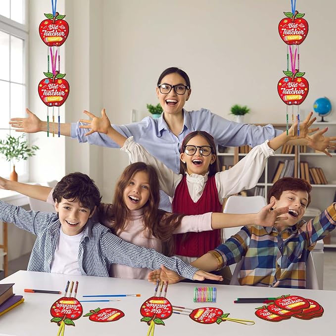 Fennoral 8 Pack Teacher Appreciation Wind Chime Kit for Kids Make You Own Apple Wind Chime for Girls Boys Teacher Day Craft DIY Paint Craft for Teacher Appreciation Ornaments Teacher Gifts
