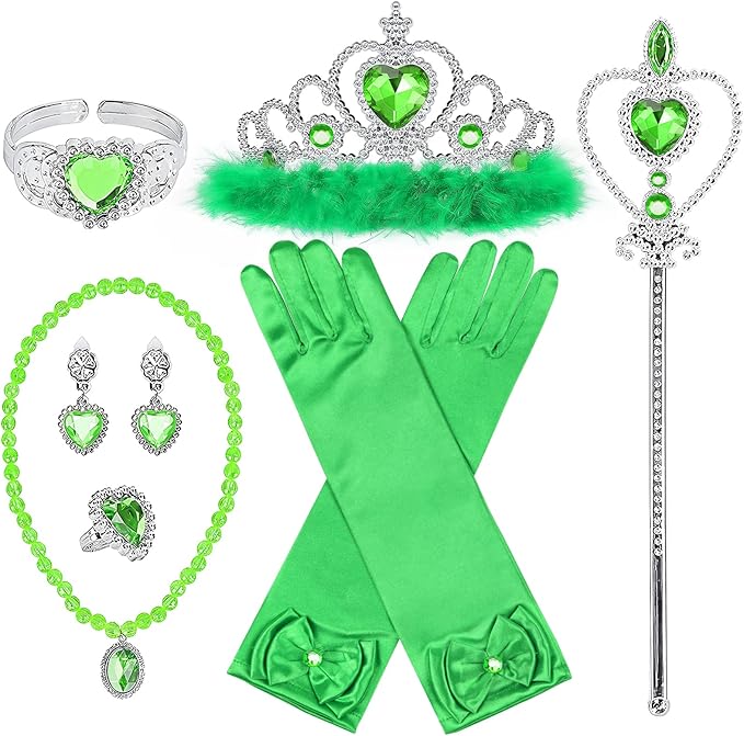 Princess Dress Up Accessories Princess Gloves, 7pcs Dress Up Set for Toddler Girls (Green, 7PCS)