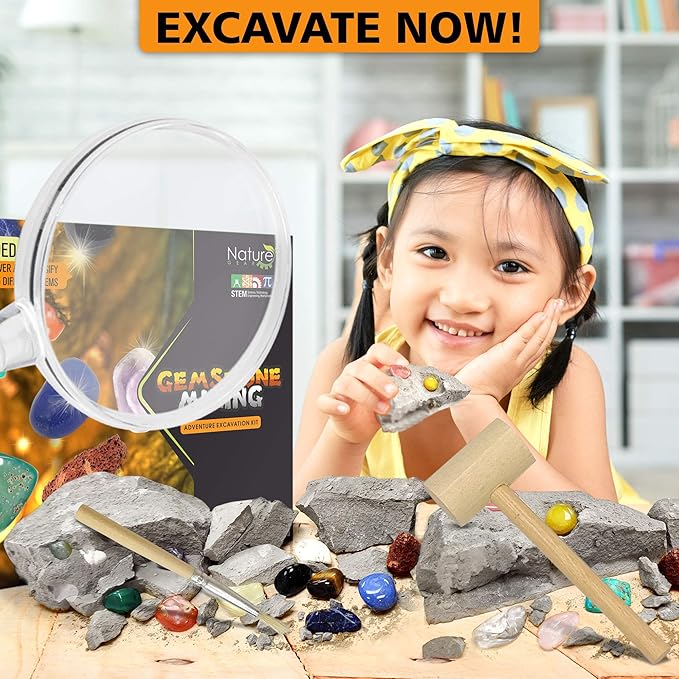 Nature Gear Gemstone Dig Kit for Kids, Educational Crystal Excavation Kit with 15 Mystery Gems, Interactive Adventure Fossil Mining Toy for Kids Age 3-5 and Up