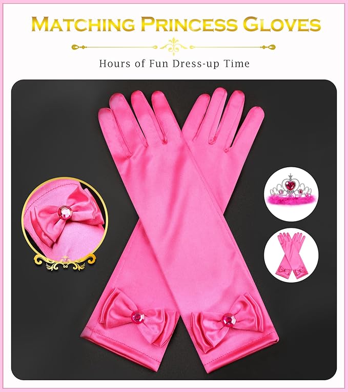 Princess Dress Up Accessories Princess Gloves, 7pcs Dress Up Set for Toddler Girls (Rose, 7PCS)