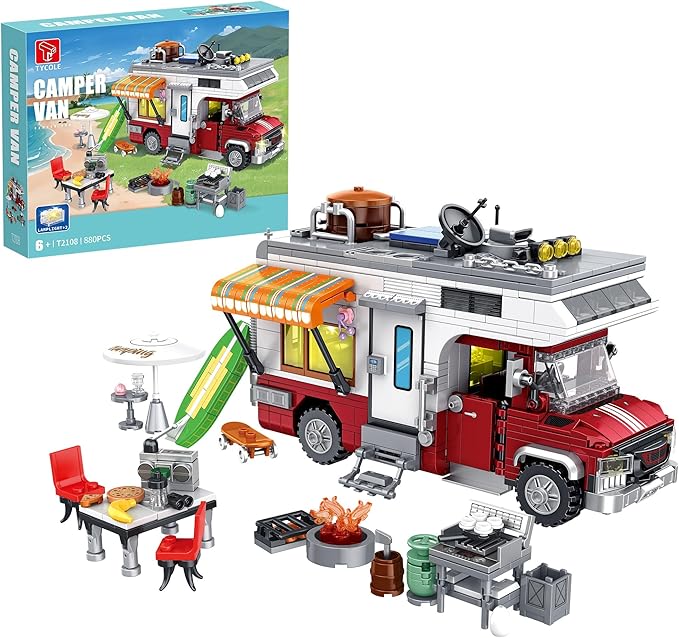 TYCOLE City Camper Van Building Set-Beach Camping Themed Construction Toy Kit with Mini Accessories&Lights, RV Car Model Compatible with Legos, Christmas Birthday Gift for Adults and Kids 6+(880 pcs)