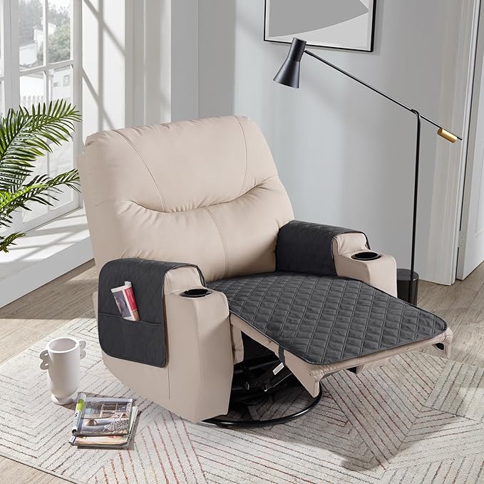 Ruaozz Waterproof Recliner Chair Covers Non Slip Chair Covers Recliner Seat Cover with Arms Washable Recliner Covers for Reclining Chair with Pockets (Charcoal Grey, Small-22'')