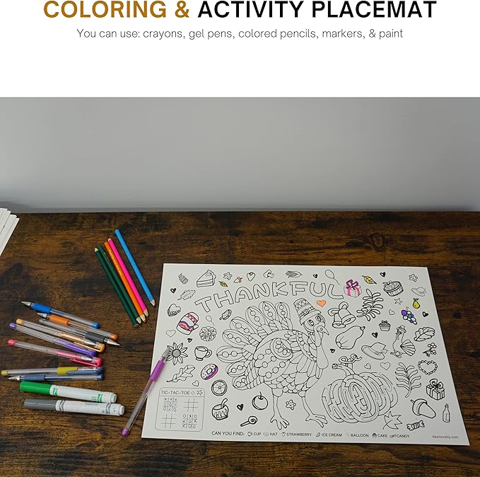 4E's Novelty Thanksgiving Placemat Activity Kids Coloring Placemats for Kids & Adults, 11x17 Paper Disposable Placemats Crafts Bulk, 12 Pack, Thankful Activities for Family Dinner Table