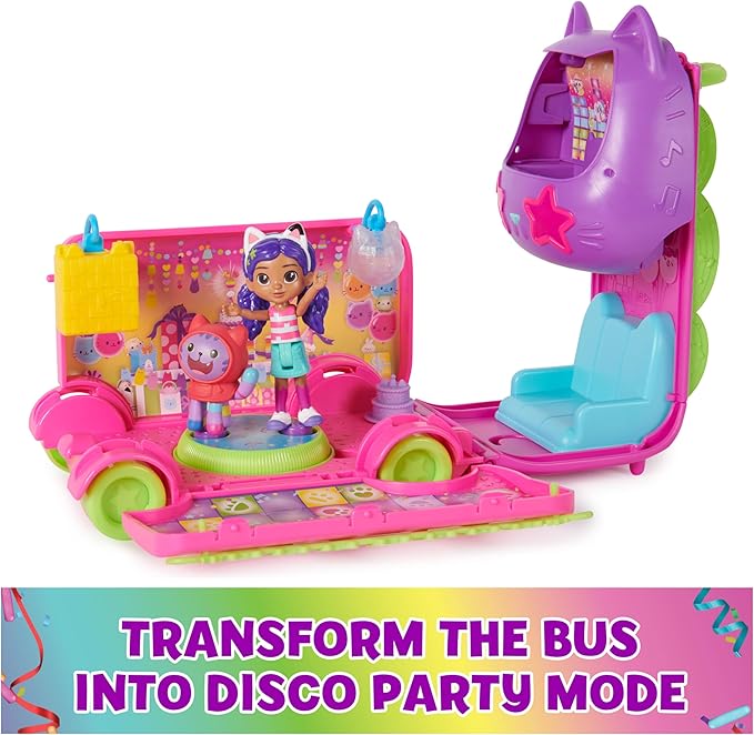 Gabby's Dollhouse Celebration Party Bus, Transforming Playset with Gabby & DJ Catnip Toy Figures & Dollhouse Accessories, Kids Toys for Ages 3 and Up
