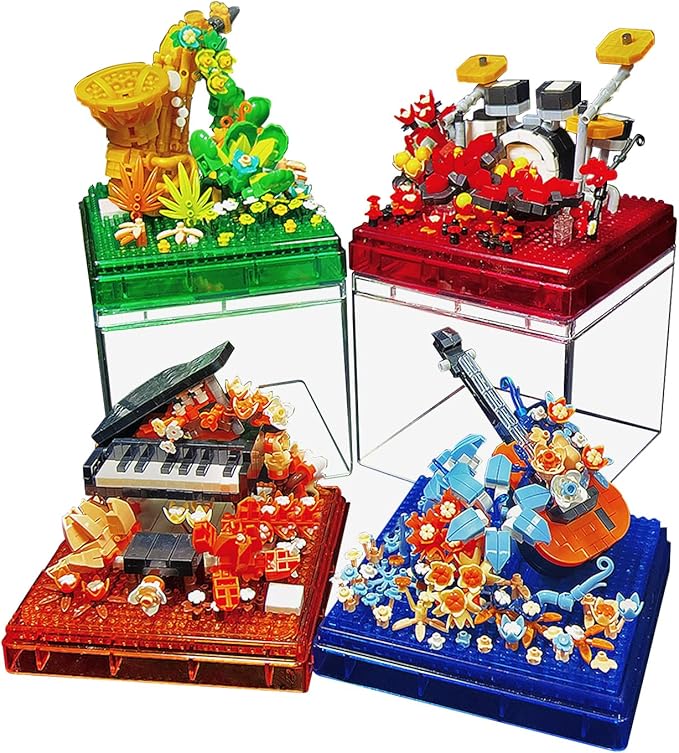 Guitar Mini Building Block Sets with Colorful Flower Decor, Micro Building Sets with Dust Cover,Gift for Girl,Lover,Mother, Home Office Decor Kit Suit for Kids and Adult Aged 8+(Guitar)