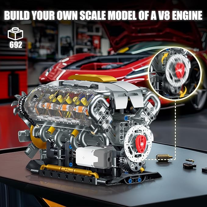Ideas V8 Engine Building Kit for Adults, Build Your Own MOC Mini V8 Engine Model Toy for Display, Compatible with Lego Sets for Boys 8-14, STEM Building Project for Kids & Teens (692 PCS)
