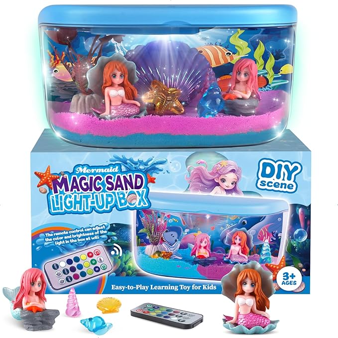 Mermaid Terrarium Kit Gifts for Kids - DIY Night Light Up with Remote - Sand Arts and Crafts for Girls Ages 4 5 6 7 8-12 + Year Old Fun Easter Mermaid Birthday Decorations Toys
