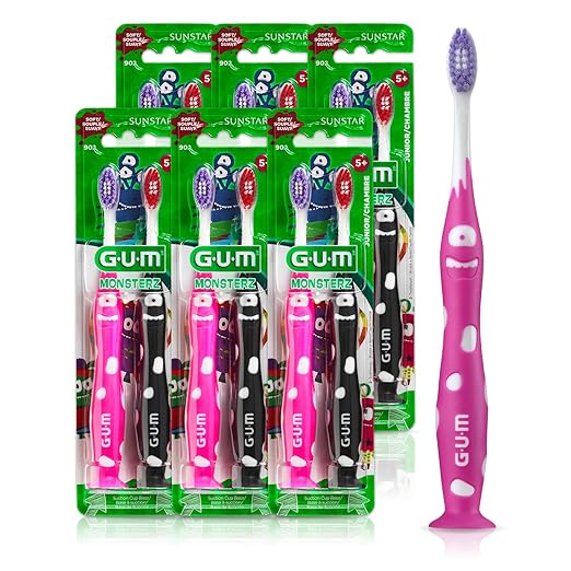 GUM Monsterz Jr Kids’ Toothbrush, Soft Bristled Children’s Toothbrush with Suction Cup, for Ages 5+, 2ct (6pk)