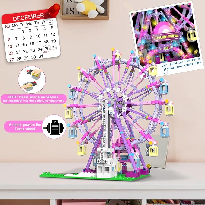 Motorized Ferris Wheel Building Set with Fairy Lights, 813 Piece Creative Toy Building Kit for Two-Way Rotation, Ideal Carnival Construction Kit for Kids Ages 6-12, Engaging Gift for jr Builder