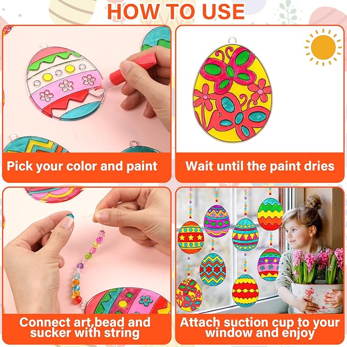 Qyeahkj 32 Sets Easter Suncatcher Crafts Kit for Kids DIY Egg Window Paint Suncatcher Arts Crafts Easter Window Ornament Decor for Easter Gift Classroom Art Project Gift Favor