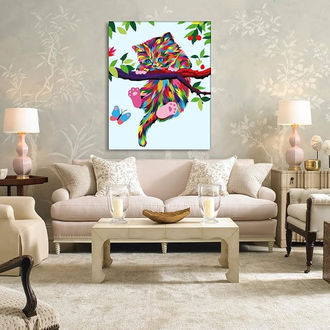 Elftoyer Paint by Numbers for Kids & Beginner, DIY Canvas Painting Gift Kits - Colorful Cats and Butterflies 16 x 20 inch (Without Framed)