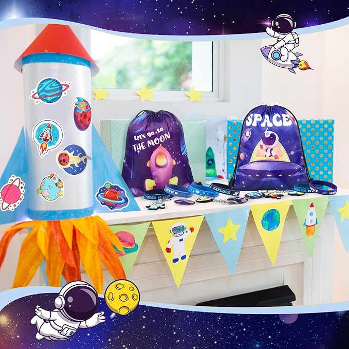 Sadnyy 140 Pcs Space Party Favors Outer Space Party Gift Bulk Galaxy Drawstring Backpack with Silicone Bracelet Straws Keychains Pin Badges Stickers for Christmas Space Party Theme Birthday Supplies