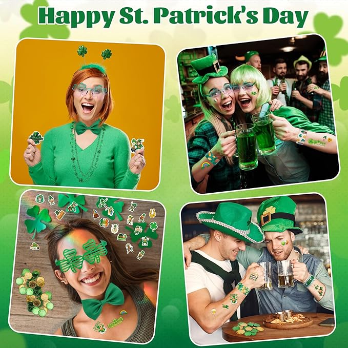 St Patricks Day Party Favors, St Patricks Day Accessories with Shamrock Necklace Eyeglasses Stickers Bows Headbands, St Patricks Day Gifts for Kids Adults (Pack of 74)