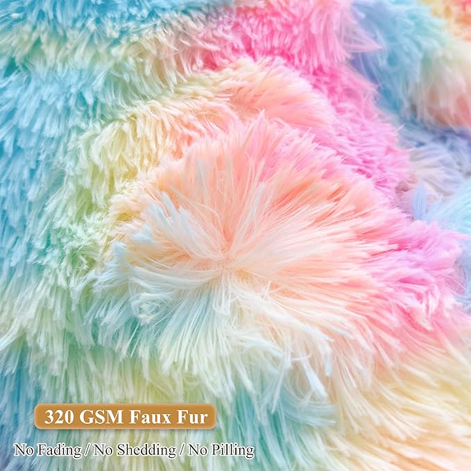 XeGe Fluffy Back Support Pillow Cover for Bed (No Filler), Tie Dye Faux Fur Backrest Pillow Case, Furry Reading Pillow Cover with Arms Adults Kids Girls, Fuzzy Sit Up Study Pillow for Floor, Rainbow