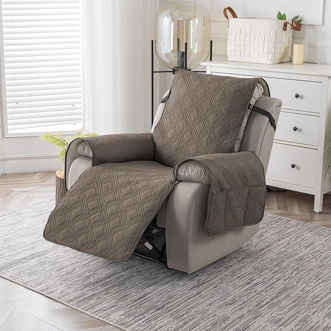 Easehomey 100% Waterproof Recliner Chair Covers, Non Slip Dog Chair Cover Furniture Protector Washable Chair Cover with Pocket, Elastic Straps for Kids,Pets,Dogs (Taupe, 23.6")