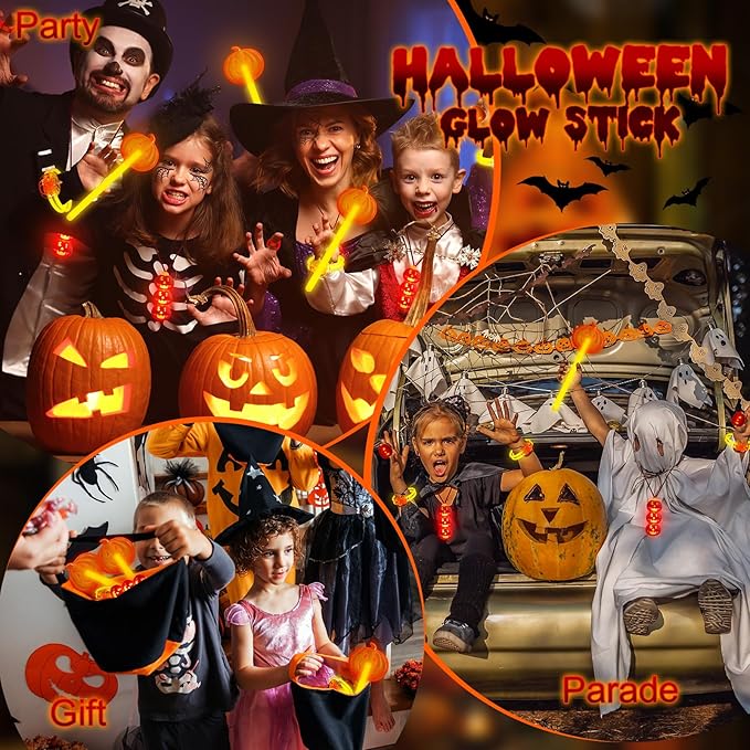 Lewtemi 64 Pcs Pumpkin Halloween Glow Sticks Set Include Bracelet Necklace Ring Wand Glow in the Dark Party Supplies Decorations Halloween Party Favors Goodie Bag Fillers Gifts for Kids Adults
