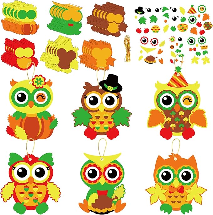 chiazllta 30 Packs Thanksgiving Fall Craft for Kids Thanksgiving Owl DIY Art Craft with Fall Autumn Leaves Pumpkins Stickers Make Your Own Owl Set for Kindergarten Home Class Game Activities