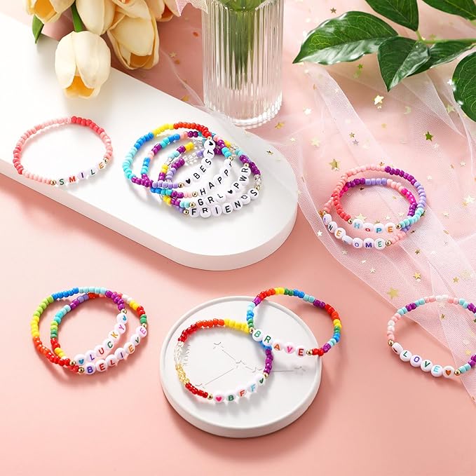 Cunno 36 Pcs Kids Friendship Bracelets for Girls Letter Beads Bracelets Stretchy Cute Bracelet Pretend Play Beaded Bracelets Inspirational Bracelets for Kids