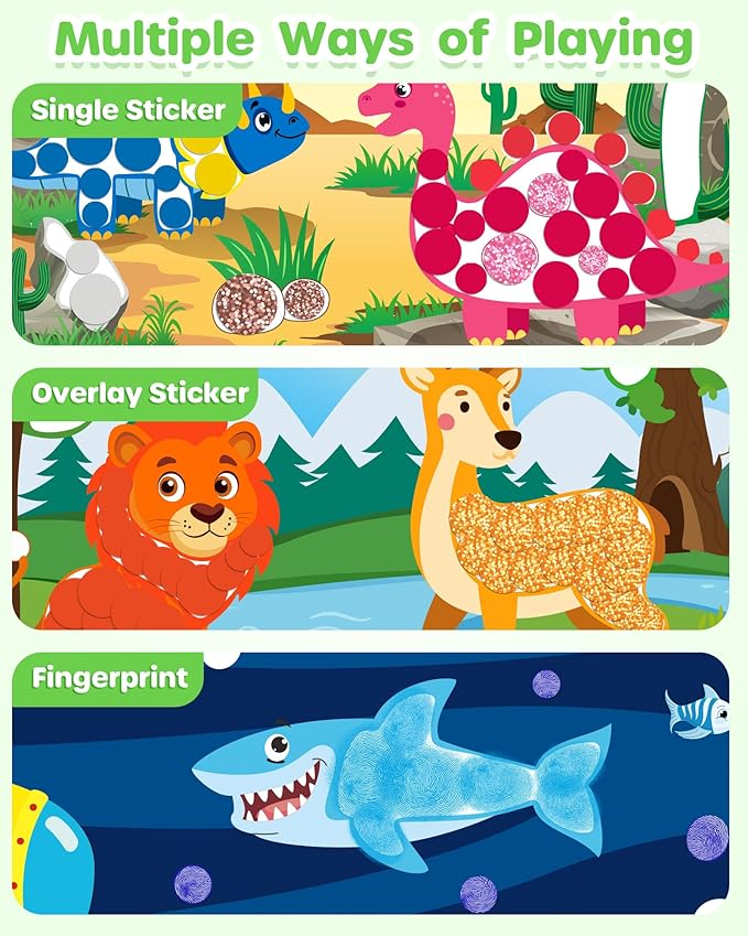 D-FantiX Dot Art Sticker Activity Book with Ink Pad, Mess-Free Finger Painting for Toddlers, Dinosaur, Animal, Outer Space, Vehicle Arts and Crafts, Kids Travel Activities, Boys Easter Basket Stuffers