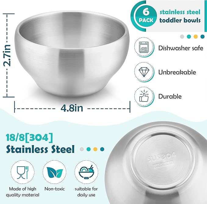HaWare 6-Piece Kids Bowls, 12oz SUS304 Metal Bowl for Toddler Children, Small Baby Bowls for Feeding/Soup/Snacks, Multipurpose 18/8 Stainless Steel Cereal Bowls, Double Walled, Dishwasher Safe