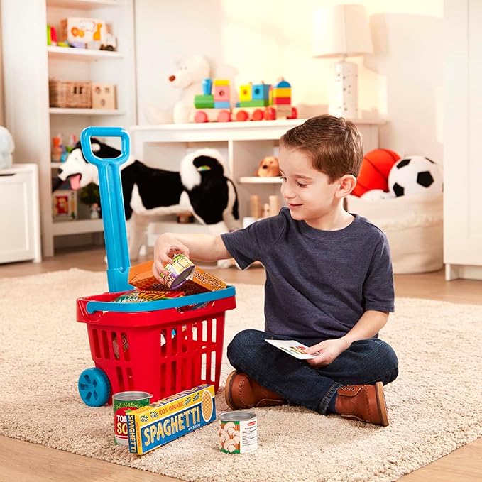 Melissa & Doug Fill and Roll Grocery Basket Play Set With Play Food Boxes and Cans (11 pcs), Frustration-Free Packaging)
