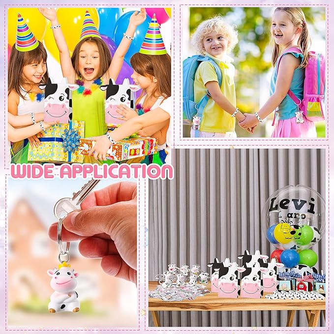 122 Pcs Cow Party Favors Supplies Include Cow Keychains Cow Silicone Bracelets Cow Party Paper Bags Treat Bags Cow Vinyl Stickers for Girls Kids Cow Farm Animals Cowboy Birthday Party Supplies