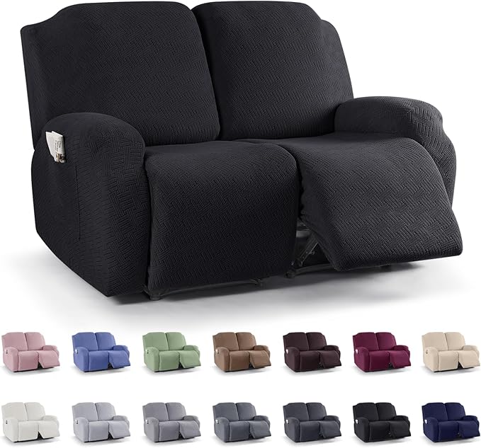 KinCam Recliner Covers, Stretch Reclining Chair Covers, Recliner Sofa Slipcovers Stripe Jacquard Recliner Couch Covers Furniture Protector Covers for Pet Kid (2 Seater, Black)
