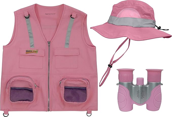 Multi-Piece Set Cargo Vest with Reflective Safety Straps, 1 8x21 Magnification Binoculars and Safari Hat for Boys and Girls (Medium/Large, Pink Vest, Pink Hat, Pink Binoculars)
