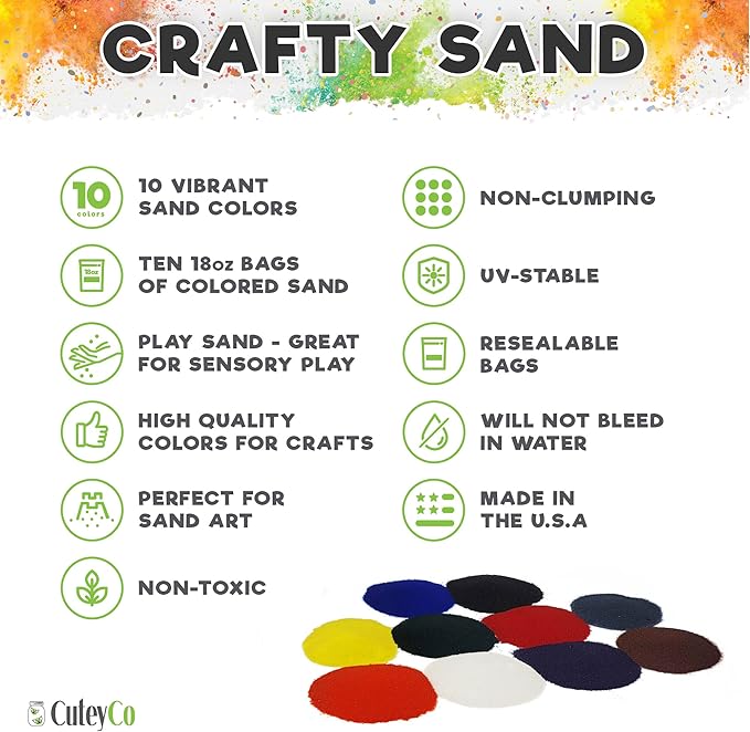 CuteyCo Crafty Sand Pack - 10 Colors: 11 lbs of Vibrant Craft Sand & Play Sand for Boys