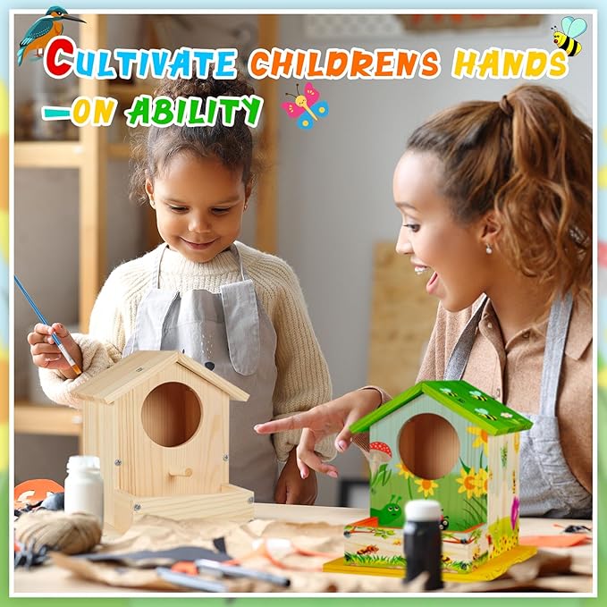 Liliful 1 Pack Wooden Birdhouse Kit DIY Bird House with Paint and Paintbrushes Art and Crafts Painting Kits for Boys Girls Adults Build Paint Classroom Birthday Indoor Outdoor Craft