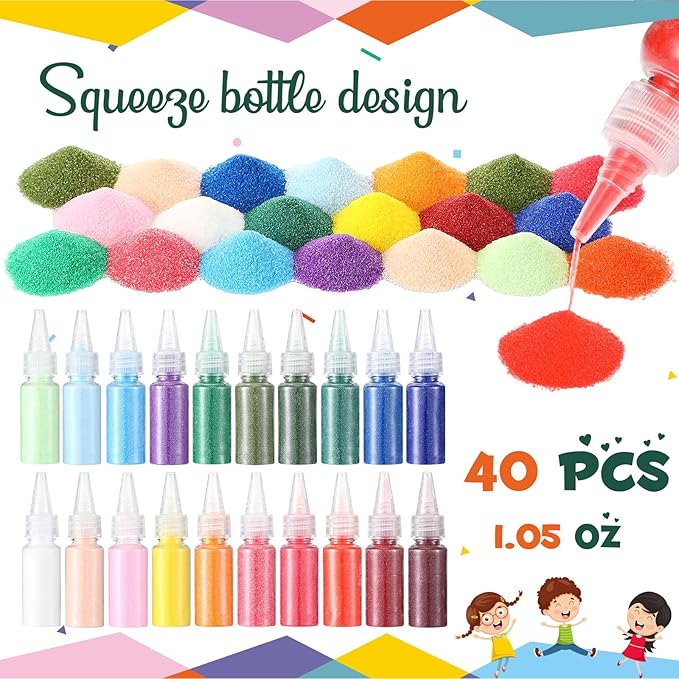 65 Pcs Plastic Sand Art Bottles with Corks Include 20pcs 3.4oz Sand Art Bottles, 40 Colored Art Sand, 5 Plastic Funnels Plastic Clear Containers for Sand Art Fun Arts Crafts Supplies (Round)