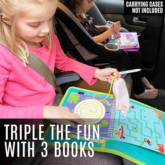 Kids Small Size Travel Educational Activity Books with Washable Markers (7"x7") - Car and Airplane Activities - Reusable Stickers for Ages 4, 5, 6 (Jungle, Ocean & Princess)