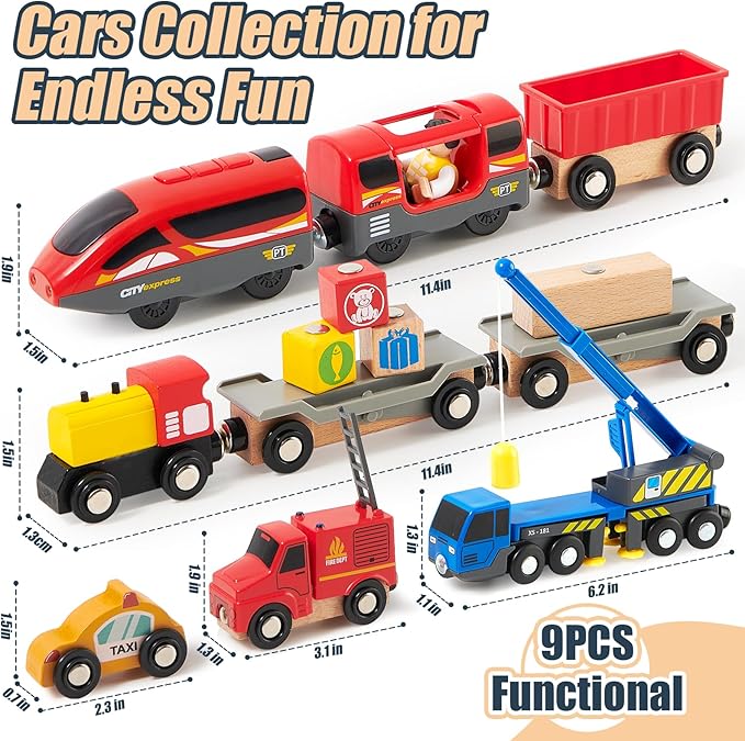 Electric Train Set Toys Wooden Magnetic Cars - Locomotive Auto Reverse/Park/Sound/Light, Gift for 3 4 5 6 Year Old Toddlers Kids Boys Truck Trains Toy, Compatible with Common Wooden Train Tracks