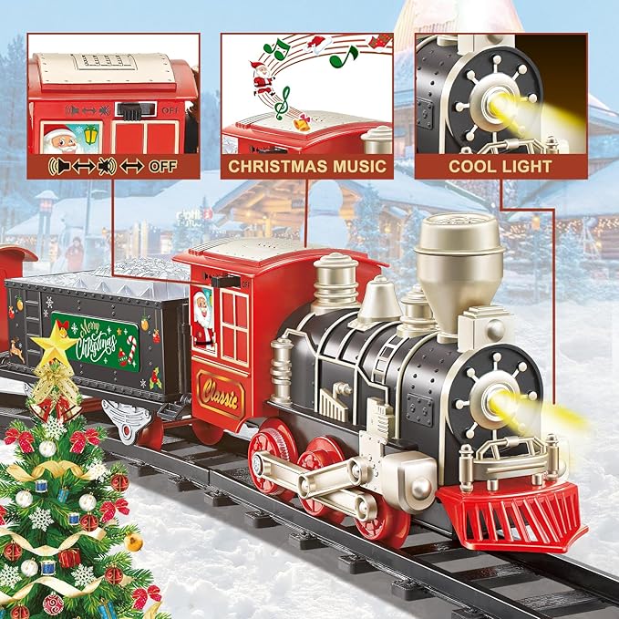 JUQU Train Set, Christmas Train Set for Around The Tree w/Lights & Xmas Sounds, Christmas Tree Train Toys, Electric Toy Train Set for Boys, Toddler Model Train Gifts for 3 4 5 6 7 8+ Years Old Kids