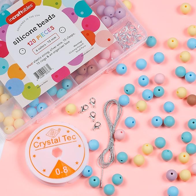 Incraftables Silicone Beads for Keychain Making – 120pcs Kit (6 Colors). Bulk Silicon Mix for Jewelry & DIY. 12mm Round Pieces with String, Silver Wire, Clasps & Organizer.